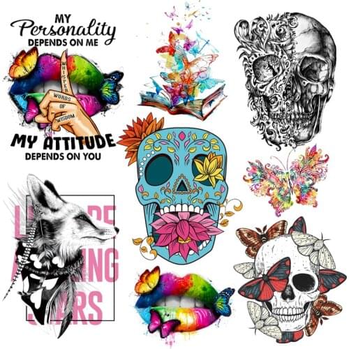 Prajna Flower Punk Skull Iron-On Transfers For Clothing Thermoadhesive Patches Butterfly Lips Applique Iron On Patches Stickers