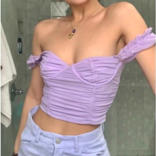 Women Ruched Crop Tops Casual Short Puff Sleeve Off Shoulder Solid Color Mesh T-Shirts Soft Fabric Comfortable Easy To Wear