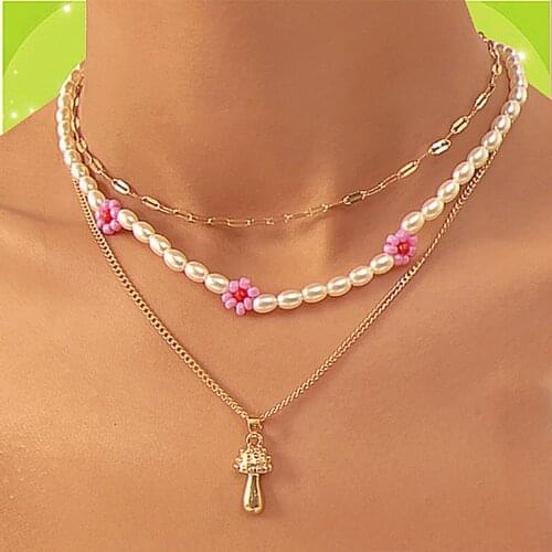 Y2K Jewelry 3pcs Flower Beads Mushroom Necklace for Women Metal Vintage Punk Fashion Harajuku Necklace Charm Gifts Wholesale