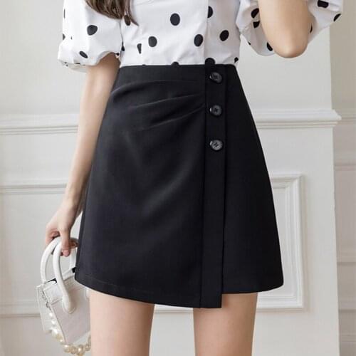 Vetement Femme 2021 Summer New Fashion White A Line Mini Skirts Womens Button Asymmetrical High Waist Fold Elegant Office Lady