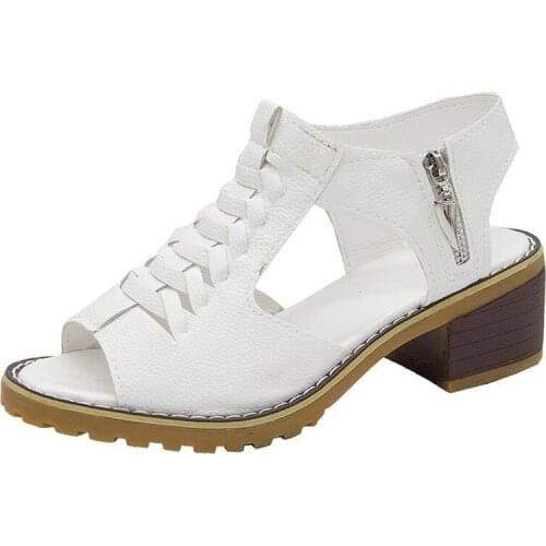 2021 Women Square Heel Sandals Peep Toe Hollow Out Chunky Gladiator Sandals with Strap Whie Beige Black Spring Summer Shoes