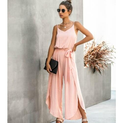 TEELYNN sleeveless summer strap jumpsuits women playsuit boho pink cotton rayon Side split Wide leg jumpsuit beach casual romper