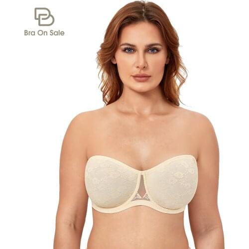 Plus Size Womens Strapless Bra Floral Lace Bralette Underwire Unlined Non-slip Convertible Brassiere