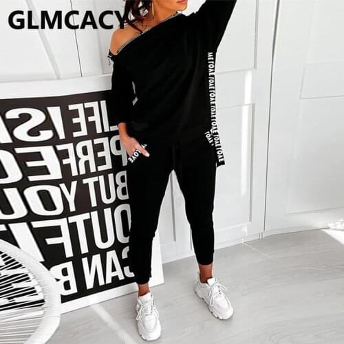 Women Two Piece Solid Tracksuit Chic Streetwear Long Sleeve Zipper Skew Neck Sweatshirt and Casual Pants Set