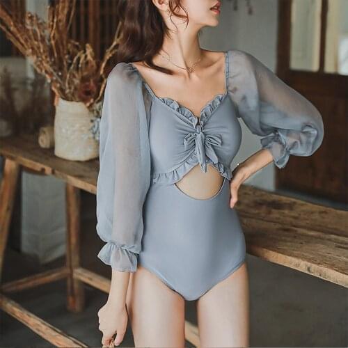Women One Piece Swimsuit Solid Long Sleeves Monokini Padded Korean Style Summer Beach Bodysuit Swimming Suit Maillot De Bain