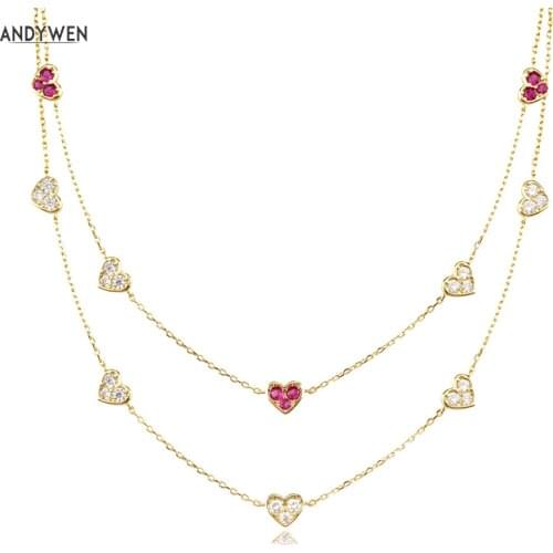 ANDYWEN 925 Sterling Silver Gold Love Heart Clear Rose Red Charm Long Chain Choker Necklace Pendant Women Wedding Luxury Jewelry