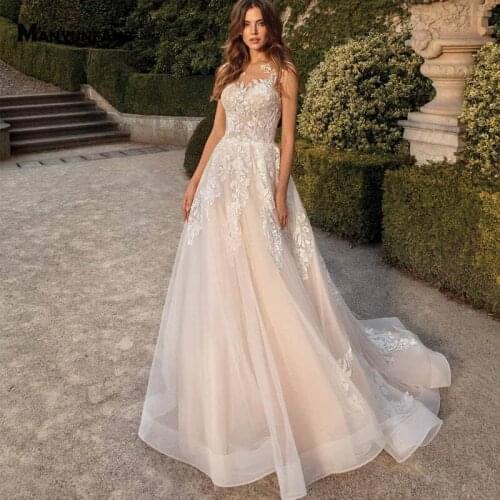 2021 Hot Sale Chapel Train Sleeveless Embroidery Appliques Tulle Wedding Dress for Women Elegant O-Neck Lace Up Bridal Ball Gown