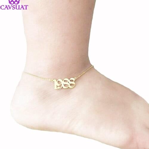 Custom Old English Number Anklet Bracelet Foot Jewelry Rose Gold Color Personalized Name Wedding Date Anklets For Women Men Gift