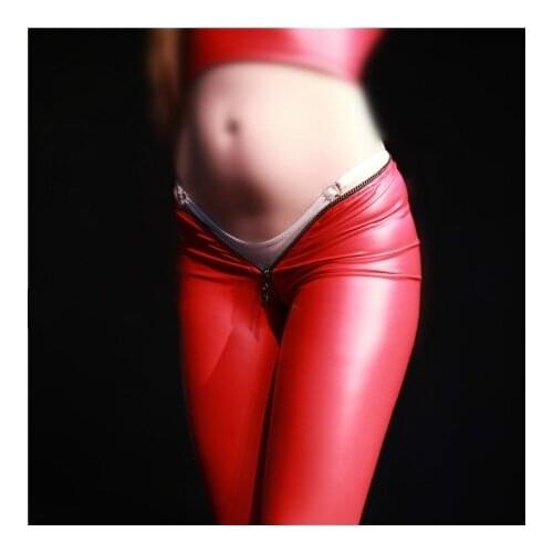 Erotic Latex Zipper Crotch Leggings Pants Sexy Women Low Waist Tight Pants Skinny Trousers Club Stage Bar Performance Costumes