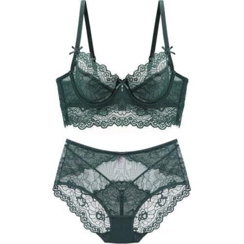 New thin bra set lace adjustable gathering underwear without sponge ladies ultra-thin sexy lingerie set