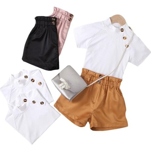 Citgeett Summer Kids Toddler Baby Girls Outfit Solid Color Buttons Short Sleeves Tops + Elastic Waist Shorts Clothes Set