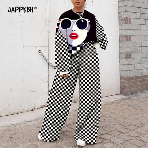 Women Tracksuits Wives Spring Casual Womens Clothing 2021 Fashion Print Plaid Loose Sweatshirt Long Pant Two-Piece Suit Female