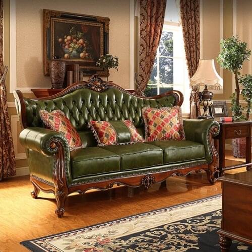 Solid Wood European-style Leather Sofa Assembling American Double Triple Combination Living Room Leather Art Sofa