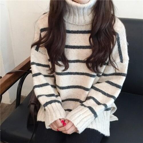 Trendy Autumn Winter Women Turtleneck Thick Sweater Casual Female Striped Knitwear Loose Fit Ladies Knitted Tops