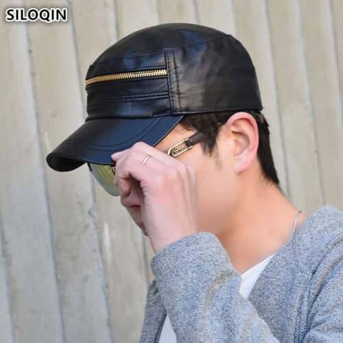 SILOQIN Novel Adjustable Size Men Genuine Leather Hat Mens Flat Caps Army Military Hats 2020 New Brands Sheepskin Leather Cap