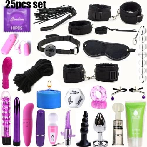 25Pcs/Set Exotic Accessories BDSM Bondage Set Sexy Lingerie Handcuffs Whip Rope Sex Products Anal Vibrator Sex Toys For Woman