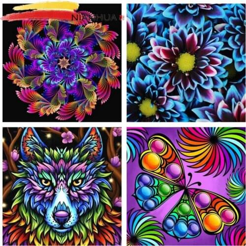 NIANHUA Square Diamond Embroidered Flowers 5D DIY Round Cross Stitch Wolf and Fruit Art Painting Kit Home Decoration