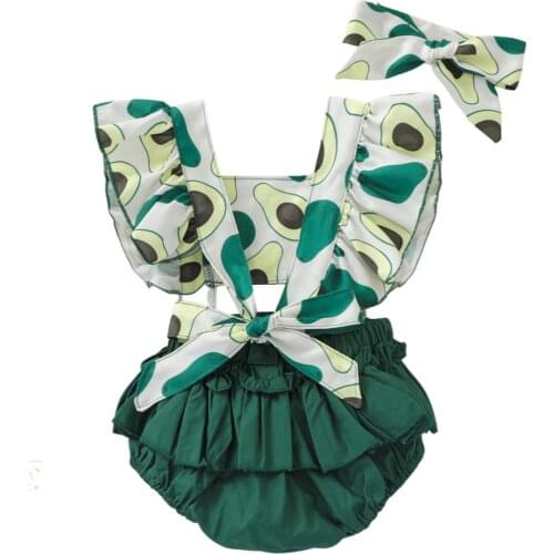 New Baby Girls 2Pcs Summer Outfits, Ruffle Sleeve Avocado Print Backless Romper with Headband Set