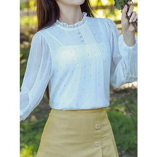 Autumn Long Sleeve White Blouse Tops Women Blouse Women Blusas Mujer De Moda 2021 Stand Collar Chiffon Blouse Shirt Blusa D594