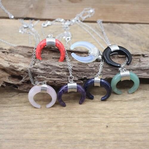 32mm Natural Stone Amethysts Ox Horn Pendants Chains,Reiki Healing Crystal Crescent Moon Chams Silvery Necklace Jewelry,QC3020