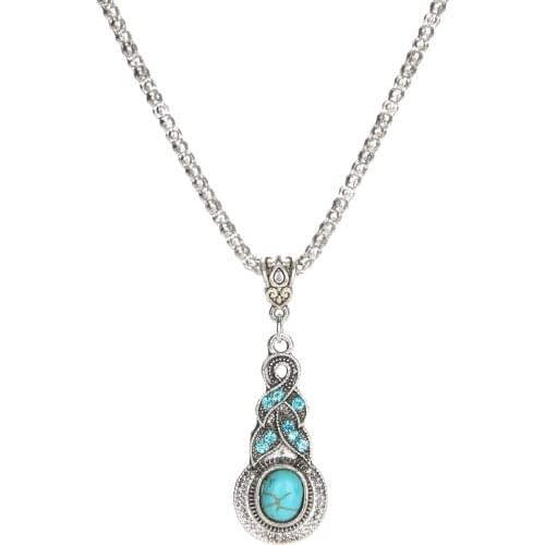 Charms Blue Crystal Pendant Necklace Retro Ethnic Sliver Plated Long Sweater Chain Bohemian Jewelry Accessories Gifts For Women