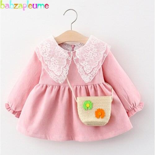 2Piece Spring Fall Newborn Baby Girls Dresses Korean Cute Pink Lace Cotton Toddler Princess Dress+Bag Infant Clothing Sets 1977