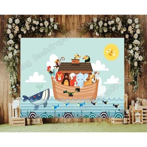 Custom Cartoons Noahs Ark Noah Photography Backdrop Animal Sea Fish Boat Birthday Party Decoration BannerPhoto Background