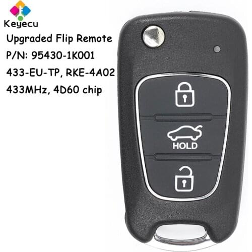 KEYECU Upgraded Keyless Entry Flip Remote Control Car Key - 433MHz & 4D60 Chip - FOB for Hyundai I20 2010-2015 P/N: 95430-1K001