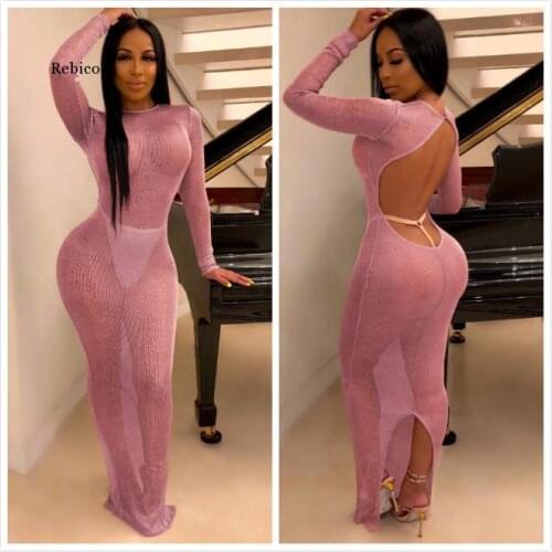 Sexy Transparent Dress Women Long Sleeve Halter Slim Fit Backless Maxi Dress Mesh Ladies Sexy Party Clubwear Bodycon Dress P