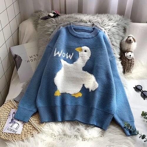 Cute Duck Letter Printing O Neck Pullover Sweater Autumn Winter Oversized Long Loose Warm Knitted Sweater New Harajuku Sweaters