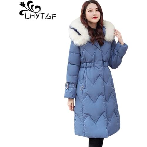 UHYTGF Fur collar winter down jacket Parker womens Hooded thick snow warm outerwear Korean slim plus size jackets long tops 289