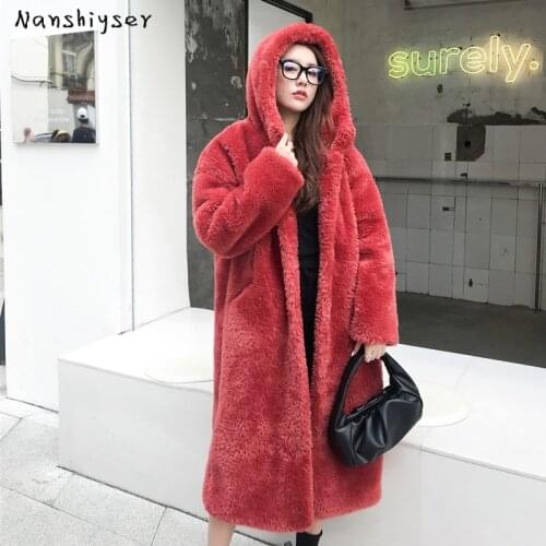 High Quality Long Faux Rabbit Fur Coat Winter Women Hooded Fur Coat Loose Lapel OverCoat Thick Warm Plus Size Female Plush Coats