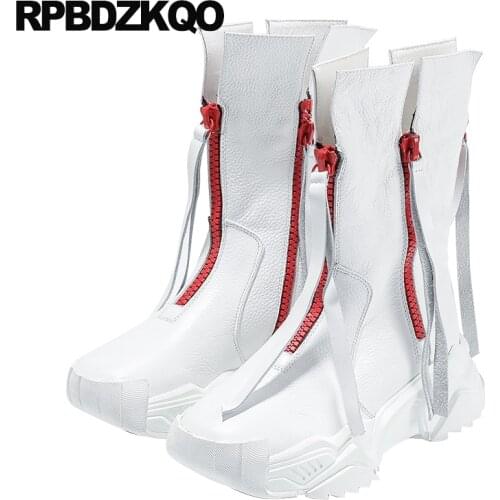 Women front zipper white platform boots genuine leather mid calf flatform autumn fall muffin 2019 shoes comfortable harajuku new
