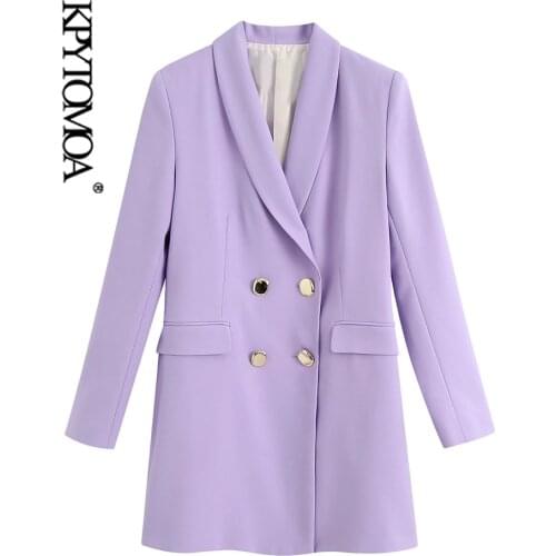 KPYTOMOA Women 2020 Fashion Double Breasted Blazer Coat Vintage Long Sleeve Flap Pockets Female Outerwear Chic Tops