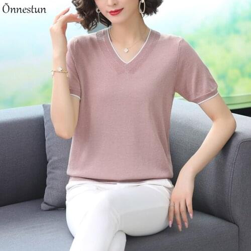 Women Sweater Pullovers 2021 Summer Clothes For Women Crop Top Casual Knitted T Shirt Women Short Sleeve V Neck T-Shirts