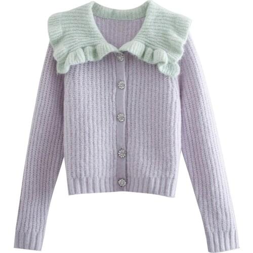 Za Fahsion 2021 Women Sweaters Knitted Casual Crystal Button Ruffled Collar Cardigans Long Sleeve Vintage Violet Spring Outwear