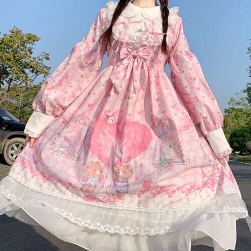 Japanese Victorian Sweet Lolita Op Dress Women Cute Sweetheart Town Cartoon Print Long Sleeve Dresses Fairy Kawaii Lace Dress