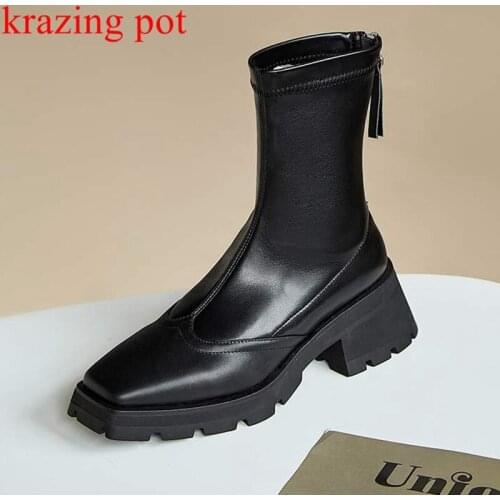 Krazing pot cow leather winter square toe Chelsea boots keep warm zipper European concise waterproof punk stretch ankle boots