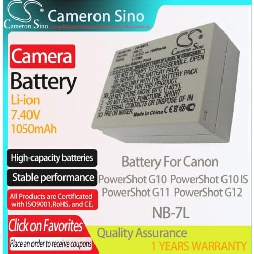 CameronSino Battery for Canon PowerShot G10 PowerShot G10 IS PowerShot G11 PowerShot G12 fits Canon NB-7L camera battery 1050mAh