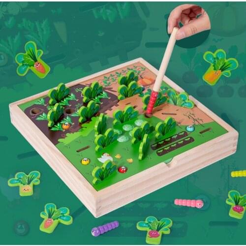 Childrens Wooden Magnetic Simulation Gaderning Toy Montessori Educational Carrot Pull Worm Catch Game Eye Hand Coordination