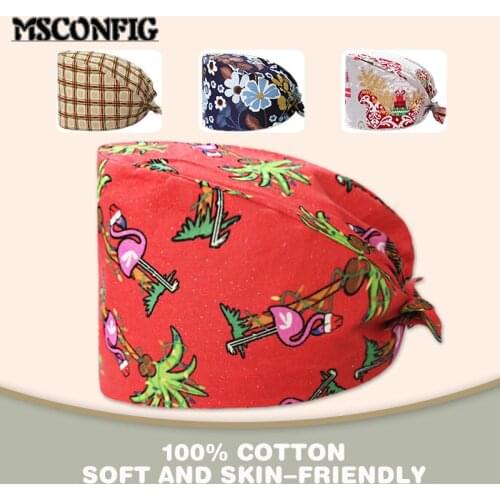 Cotton Sweat-absorbent Breathable Cartoon Printing Lady Nurse Hat Beautician Laboratory Men and Women Adjustable Scrub Hat