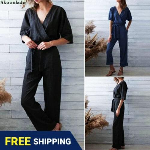 Over size 5XL Summer new style V-neck solid casual women jumpsuits cotton linen jumpsuit loose belt hot sales lady full jumpsuit