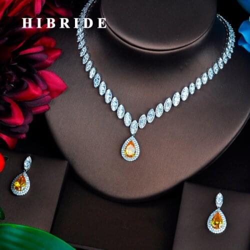 HIBRIDE Luxury Marquise Cut Cubic Zirconia Women Jewelry Sets Yellow Water Drop Set Wedding Dress Accessories Party Gifts N-487