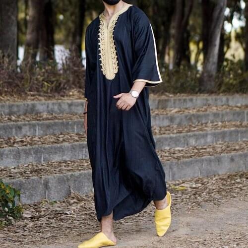 Embroidery Mens Arabic Dress Long Islamic Clothing Kaftan Abaya Djellaba Man Fashion Ethnic Style Mens Clothing