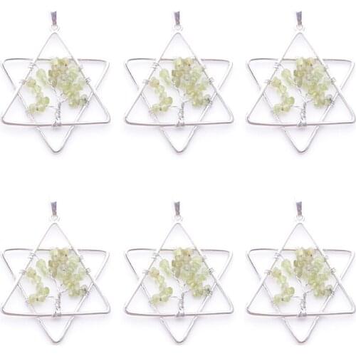 Wholesale 6Pcs Tree of Life Pendants Natural Gem Chips Stone Olivine Chakra Reiki Five Pointed Star Metal Merkaba Jewelry TN3808