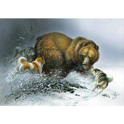 Full Square Round Diamond painting 5D Brown bear and wolf mosaic Diamond Embroidery rhinestones Snow scene diamond pictures art