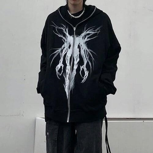 Loose Hoodie Women Dark Fashion Printed Zipper Coat For Girl Shirt Couple Early Autumn Street Casual Loose Jacket Large Size