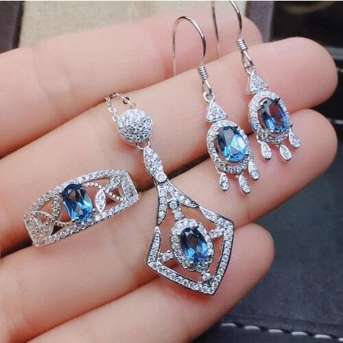Luxurious ancient geometry Natural blue topaz jewelry sets natural gemstone ring Pendant Earrings 925 silver women gift jewelry