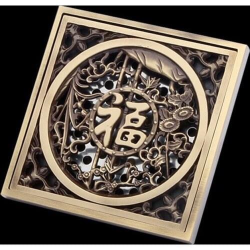 Shower Drain 10x10cm Square Bathtub Drain Filter Mesh Hair Antique Brass Art Carved Bathroom Floor Drain