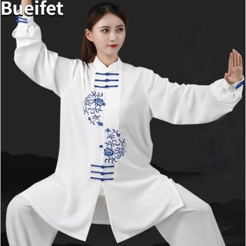 Traditional Chinese Clothing Tai Chi Uniforms Morning Exercise Wushu Clothing White Long Sleeve Martial Arts WingChun Suit